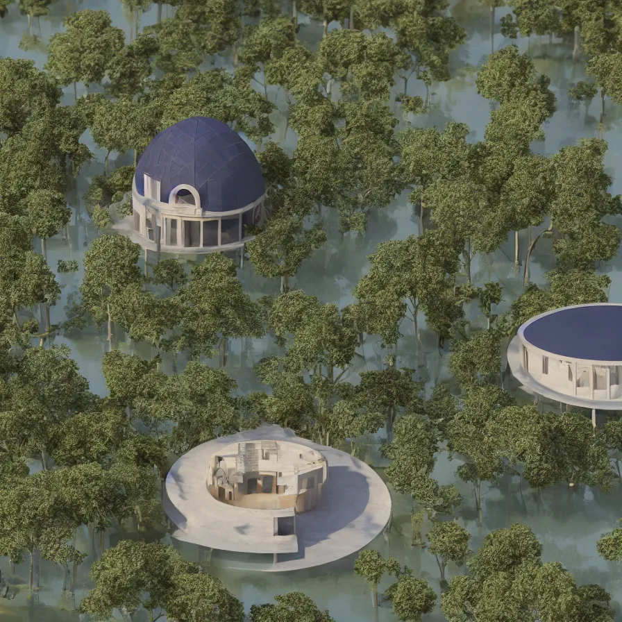 Prompt: architectural model, isometric view, 3 d render, studio lighting, low contrast, dark background, highly detailed, a circular house with circular courtyards floating at the edge of a lake, tree