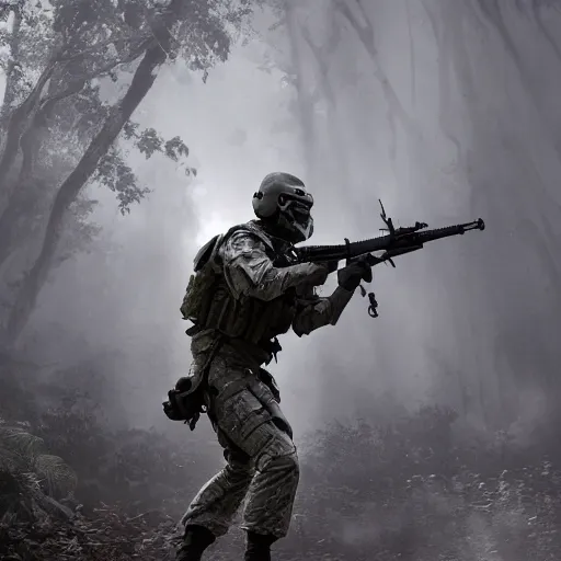 Image similar to Mercenary Special Forces soldier in light grey uniform with black armored vest and helmet launching an ambush attack in the jungles of Tanoa, combat photography by Feng Zhu, highly detailed, excellent composition, cinematic concept art, dramatic lighting, trending on ArtStation