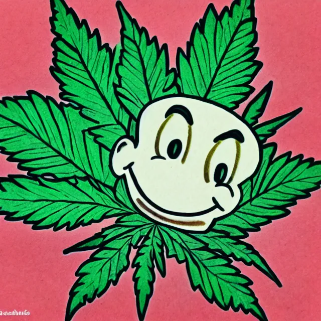 Image similar to cannabis leaf cartoon with a smiling face, colored pencil illustration
