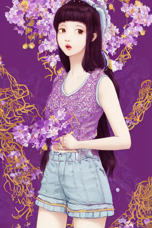 Image similar to Portrait of Eunha from Viviz and gFriend with short hair wearin purple overall shorts, short puffy pants, white tights, Golden Ribbon, and a billowy scarf. masterpiece 4k digital illustration, award winning, Artstation, intricate details, realistic, panoramic view, Hyperdetailed, 8k resolution, intricate art nouveau