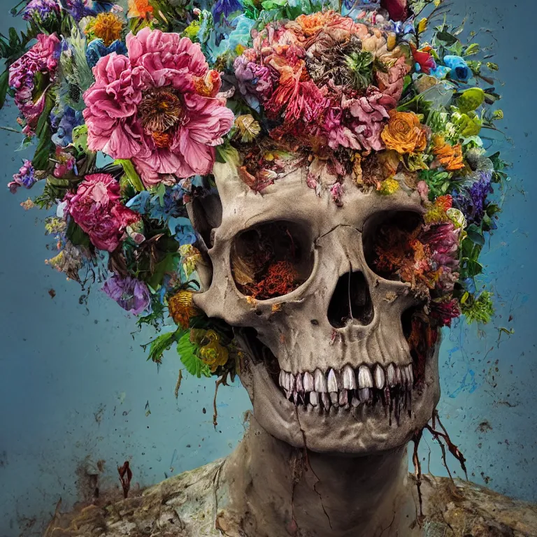 Image similar to A beautiful oil painting hyperrealism of a decayed zombie head, rotting clay skin, skull bones, flowers, floral headdress, 8k resolution, octane render, Trending on artstation, by Gediminas Pranckevicius, volumetric light 2blue fractal Thunder glow by dan mumford, anaglyph effect, Laurie Lipton