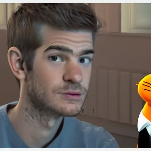 Image similar to hyperrealistic dslr film still of andrew garfield disguised as jim davis garfield cartoon cat, stunning 8 k octane comprehensive 3 d render, inspired by istvan sandorfi & greg rutkowski & unreal engine, perfect symmetry, dim volumetric cinematic lighting, extremely hyper - detailed, incredibly real lifelike attributes & flesh texture, intricate, masterpiece, artstation, stunning