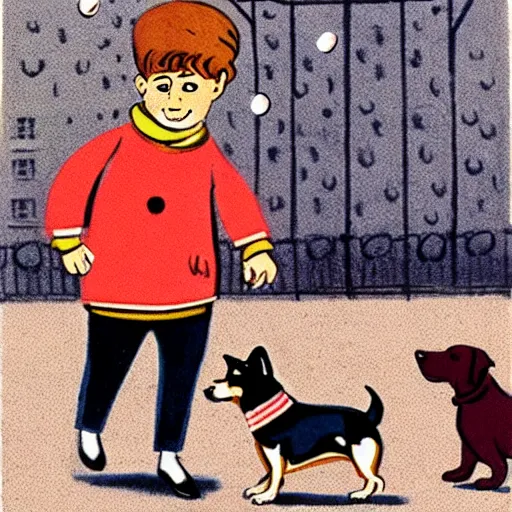 Image similar to book illustration of a french boy on the streets of paris playing football against a corgi, the dog is wearing a polka dot scarf, 1 9 6 6