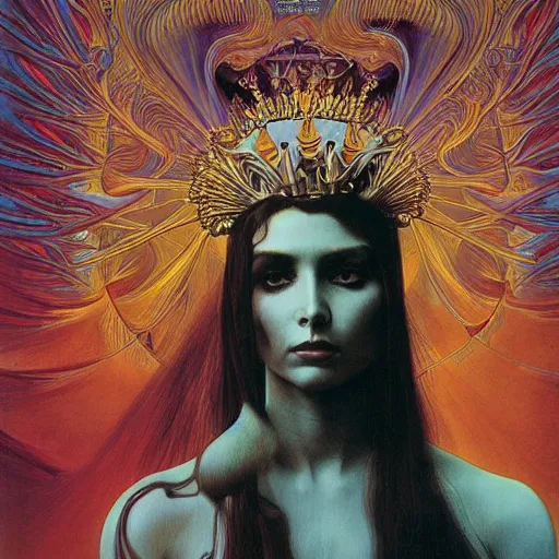 Image similar to young debbie harry as queen of jupiter by zdzisław beksinski, zaha hadid and alphonse mucha. highly detailed, hyper - real, beautiful, fractal details, complex