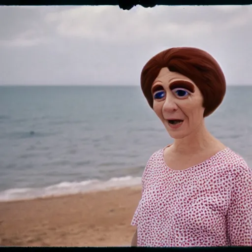 Image similar to middle aged woman with an inflatable head on top of her head, wearing a dress, at the seaside, 1976 French film, archival footage, technicolor film expired film live-action, 16mm