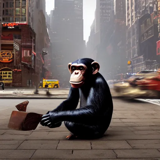 Image similar to a chimpanzee picking up pennies in manhattan with a large steam roller headed towards him, depth of field, max fleischer, breathtaking, detailed and intricate environment, 8 k resolution, hyperrealistic, octane render