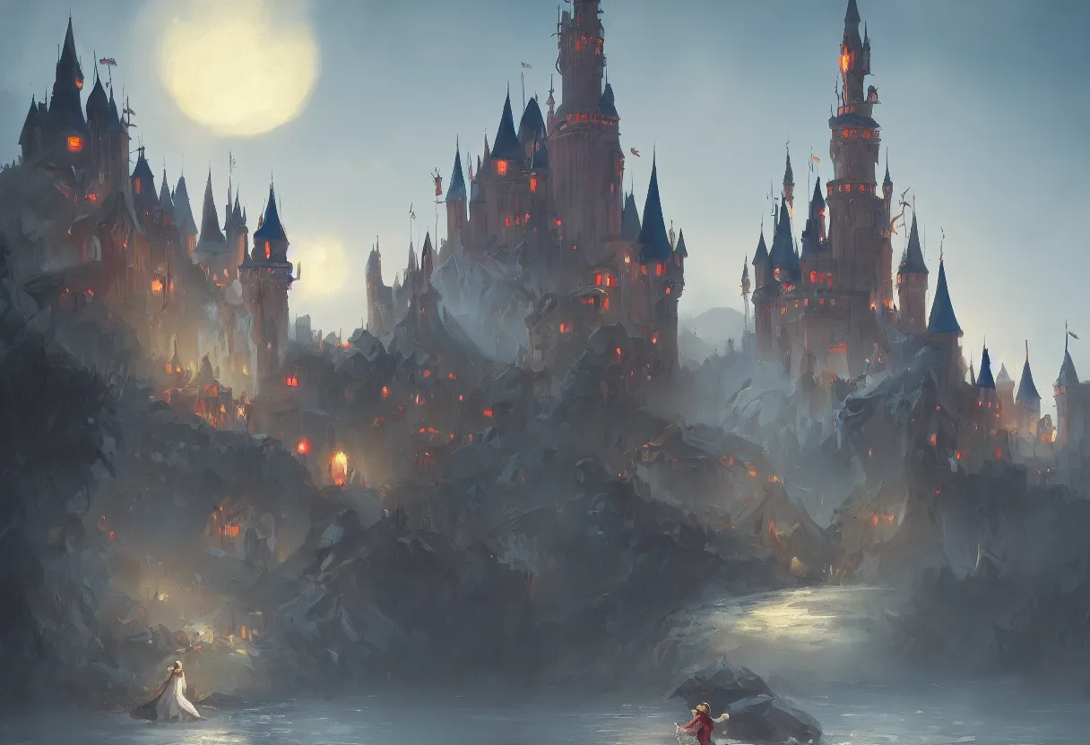 Image similar to a painting of disney castel trending on artstation in the style of greg rutkowski