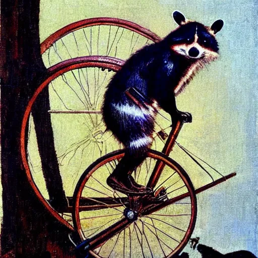 Image similar to Norman Rockwell painting of a raccoon riding a penny-farthing