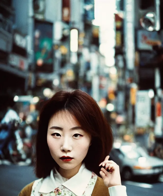 Prompt: a portrait street photograph shot on cinestill 5 0 d, an elegant and beautiful japanese woman in 9 0 s fashion with modest make up, hair died to a hazelnut brown, shot in shibuya tokyo on a 3 5 mm at f / 3. 2, high quality, print magazine quality, nostalgia, 8 k