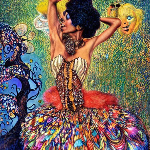 Prompt: josephine baker in alice in wonderland tripping on lsd, intricate detail, painting, klimt, royo, frazetta, whealan,