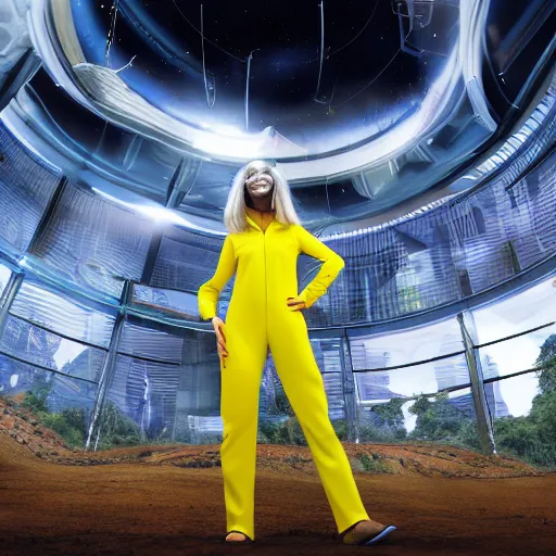 Image similar to futuristic world with people wearing yellow jump suits, 8 k resolution, cinematic lighting, anatomically correct