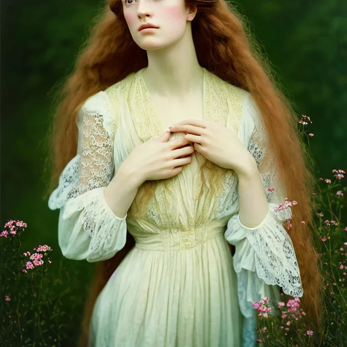 Prompt: Kodak Portra 400, 8K, soft light, volumetric lighting, highly detailed, britt marling style 3/4 ,portrait photo of a beautiful woman how pre-Raphaelites painter, a beautiful lace dress and hair are intricate with highly detailed realistic beautiful flowers , Realistic, Refined, Highly Detailed, natural outdoor soft pastel lighting colors scheme, outdoor fine art photography, Hyper realistic, photo realistic