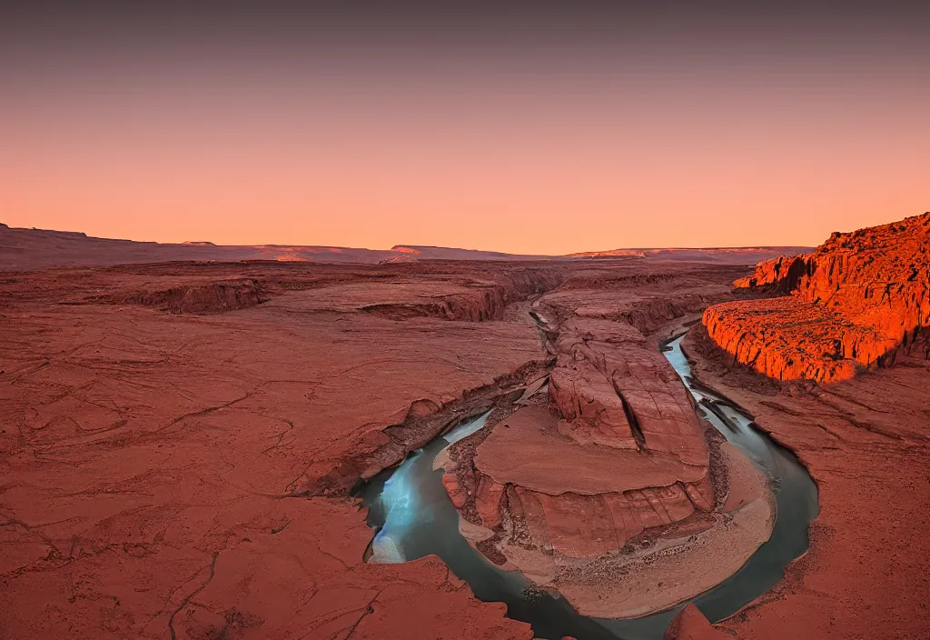 Image similar to a river bend running through a canyon surrounded by desert mountains at sunset on mars, planet mars, moab, utah, a tilt shift photo by frederic church, trending on unsplash, hudson river school, photo taken with provia, national geographic photo