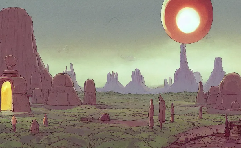 Image similar to a cell - shaded studio ghibli concept art from paprika ( 2 0 0 6 ) of a ufo with lights from close encounters of the third kind ( 1 9 7 7 ) sitting on top of a lush temple that looks like monument valley stonehenge jungle. a caravan is in the foreground. very dull colors, portal, hd, 4 k, hq