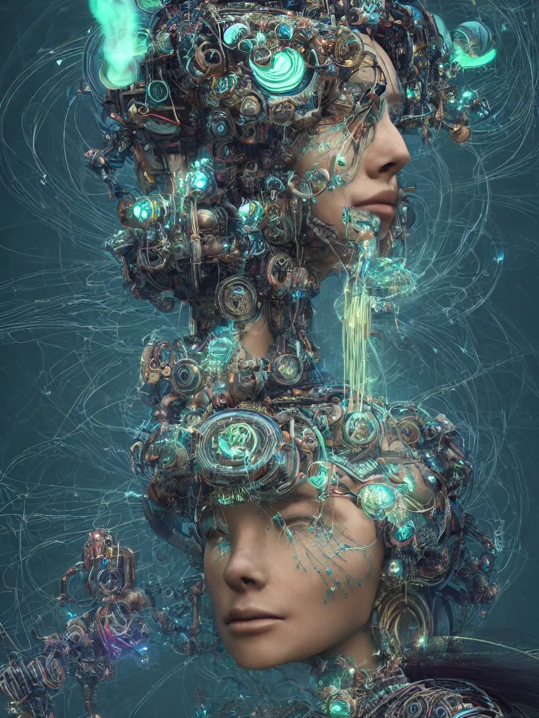 Image similar to an ancient mystical alluring female shaman generating flowing energy and surrounded by wisps of incense smoke sits meditating in a magical cybernetic robot temple, face face face, by android jones and vitaly bulgarov, 3 d, cinema 4 d render, trending on artstation