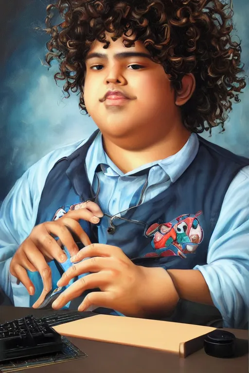 Image similar to painting of a young chubby mexican man with curly hair sitting at his work desk with an incredibly fancy mechanical keyboard, by artgerm and yoshitaka amano, trending on artstation