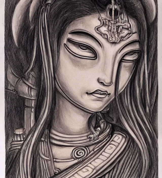 Image similar to buddhist drawing painting of a beautiful girl portrait in miyazaki toriyama giger style detailed trending award winning