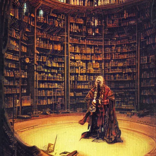 Prompt: a technopunk wizard casting a spell in a dark magical library by logan walden and bruce pennington