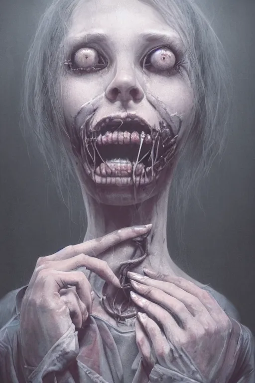 Image similar to grunge portrait of a creepy nurse girl wearing a straight jacket in a mental asylum, intricate artwork, nightmare fuel, terrifying, by beeple, zdzisław Beksiński, dan mumford , trending on artstation, greg rutkowski very coherent artwork. cinematic, hyper realism, high detail, octane render, 8k