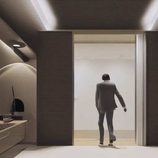 Prompt: photo realistic illustration man entering a luxury suite