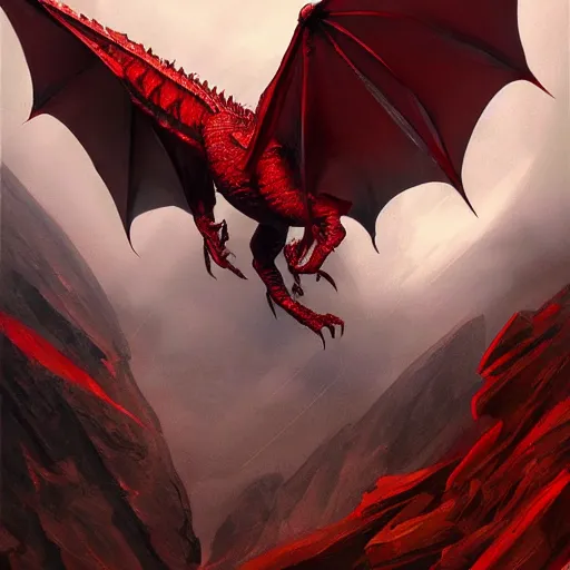 Prompt: red dragon close up by greg rutkowski, drark, marvel comics, dark, plutus su and chris scalf and lucas graciano and billy christian, symmetrical, mountains, red and gold color palette, painting, d & d, fantasy, detailed, realistic, complimentary colors, light, artstation, cinematic, dramatic lighting, close up, storm clouds, hudson river school