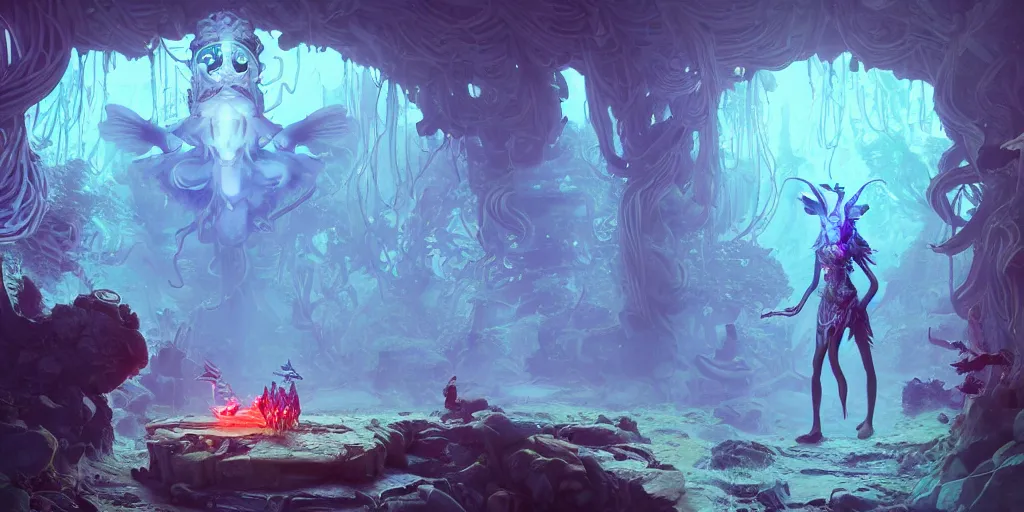 Image similar to 3 d scene of temple portal modelling goddess close - woodsman wearing a steampunk and neonpunk mechanical fluorescent mystical animal mask in strange misty mountain landscape. betta fish, jellyfish phoenix, bio luminescent, plasma, ice, water, wind, creature, artwork by tooth wu and wlop and beeple and greg rutkowski