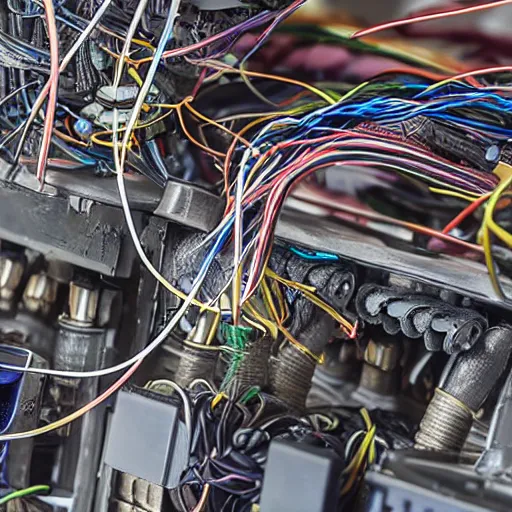 Prompt: a cluster of wires mixed into engine parts, photo realistic