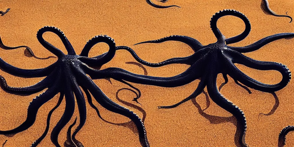 Prompt: deadly dangerous misterious octopus on the sand beach in the last rays of evening sun, 8 k ultra detailed scene from taika waititi movie