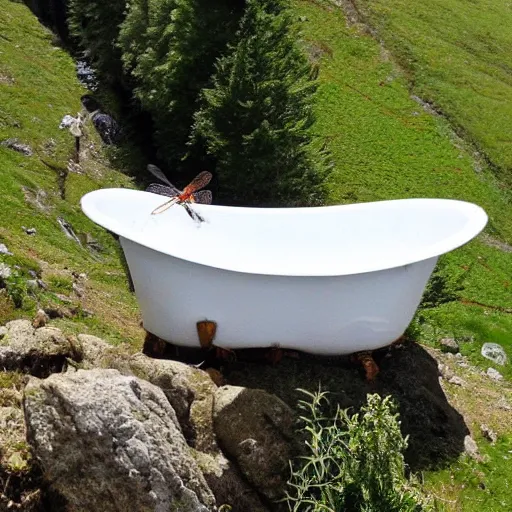 Image similar to dragonfly in a bathtub in the alps, big goat!!!!!!! goats!!!! in the background