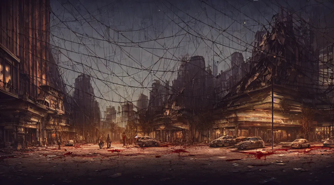 Prompt: post apocalyptic city fair building, dusk, building, avenue, americana architecture, by pascal blanche, neil blevins, apocalyptic color palette, trending on artstation, photorealistic, wilderness ambiance, ultra detailed, high definition, depth of field, bokeh, rubble, nature overgrowth, blood stains, building crumbling