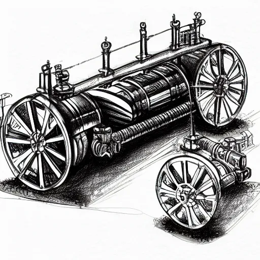 Prompt: sketch of steam punk machinery, fountain pen, white background,