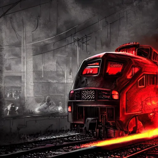 Prompt: A train in hell, digital art, dark, scary, detailed, trending on Artstation, hdr, 4k, hellish, satanic, cyberpunk, sci fi