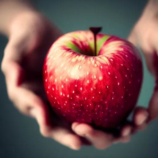 Prompt: Realistic photo of a red apple in an old man\'s Hand, HD, trending on artstation, 8k, beautiful photo, artistic photography