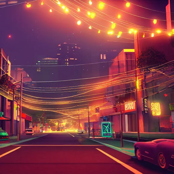 Image similar to Downtown Mexico, string lights, colorful lighting, night, realism, ((gta 5 screenshot house)), by Tooth Wu, by Lienzo Óleo Paisaje, by Greg Rutkowski