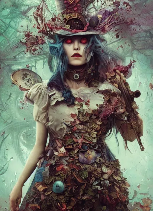 Prompt: Alice in Wonderland,guns,highly detailed,cinematic,8k,by Stanley Artgermm,Tom Bagshaw,Greg Rutkowski,Carne Griffiths, Ayami Kojima, Beksinski, Giger,trending on DeviantArt,hyper detailed,horror, full of colour