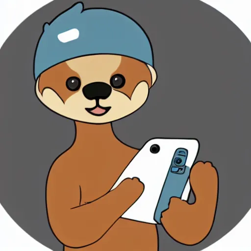 Image similar to a cute anthropomorphic otter using an android phone at home