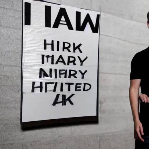 Image similar to Mark Zuckerberg holding a sign saying I'm A Human, highly detailed, high quality, HD, 4k, 8k, Canon 300mm, professional photographer, 40mp, lifelike, top-rated, award winning, realistic, sharp, no blur, edited, corrected, trending