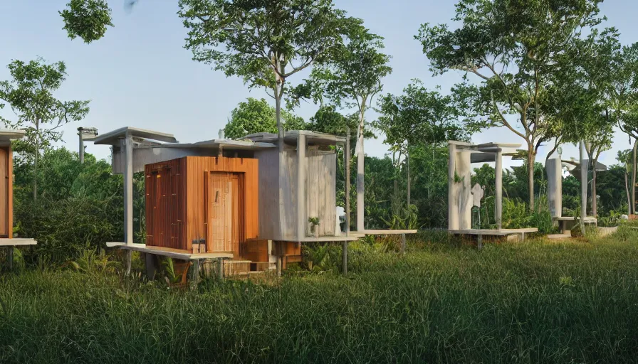 Image similar to An architectural rending of an eco-community neighborhood of innovative contemporary 3D printed sea ranch style cabins with rounded corners and angles, beveled edges, made of cement and concrete, organic architecture, in a lush green eco community with side walks, parks and public space , Designed by Gucci and Wes Anderson, golden hour