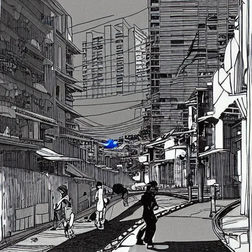 Image similar to a street in singapore, by moebius