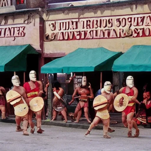 Image similar to roman gladiators attacking a hot dog stand