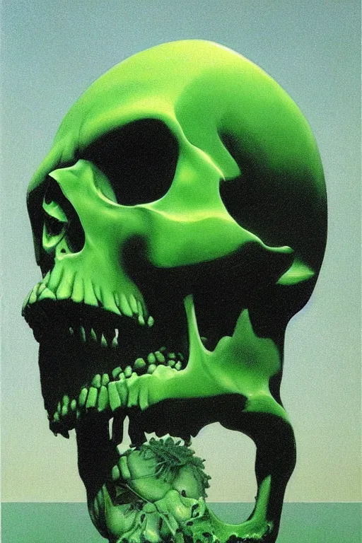 Image similar to horrific neon green skull floating over golden cubes by zdzisław beksinski