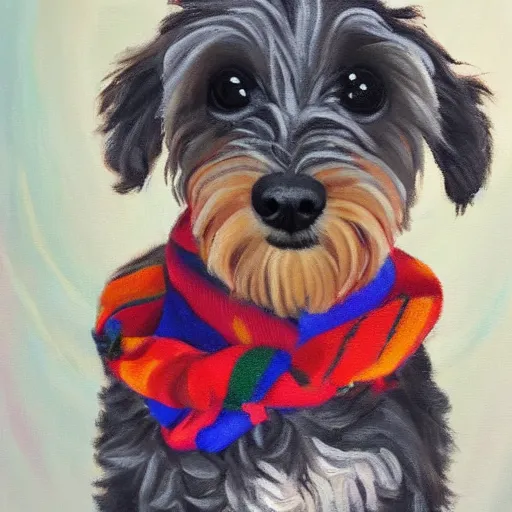 Prompt: professional oil on canvas painting of a Schnoodle dog breed, wearing a scarf