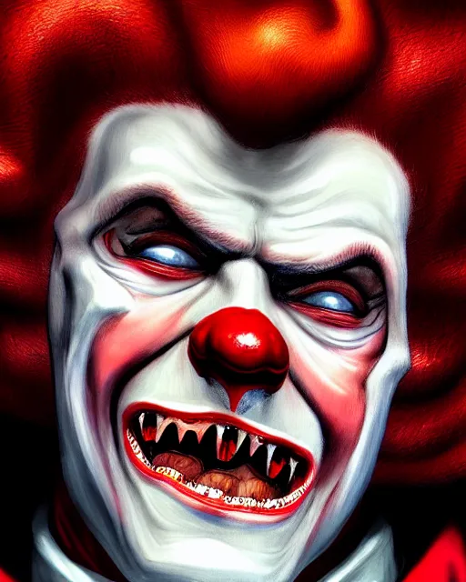 Prompt: dracula ronald mcdonald, character portrait, close up, concept art, intricate details, highly detailed, hyperrealism in the style of otto dix and h. r giger