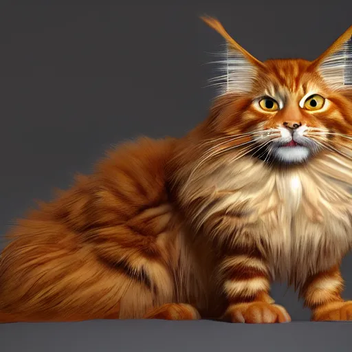 Image similar to orange maine coon, norwegian forest cat, cuddly fur, pixar cute, highly detailed, sharp focus, digital painting, artwork by Victor Adame Minguez + Yuumei + Tom Lovell + Sandro Botticelli