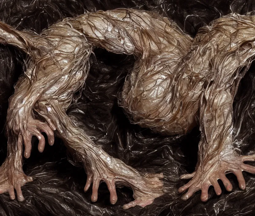 Prompt: a high resolution photo of a complex creature, grown together various animal eyes, hairless veins wrinkles morphing nature documentary, cracked plastic wrap, gills morph scales merged in fur skin, wrinkled muscles skin, veins merged feet head, displacement, black hole, distorted animal head face eyes arms tail