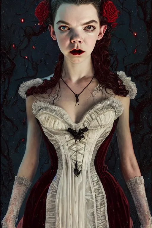 Image similar to anya taylor - joy vampire queen, full body, intricate victorian dress, hyper detailed, digital art, trending in artstation, cinematic lighting, studio quality, smooth render, artgerm, joshua middleton, rafael albuquerque, unreal engine 5 rendered, octane rendered, art style by klimt and nixeu and ian sprigger and wlop and krenz cushart