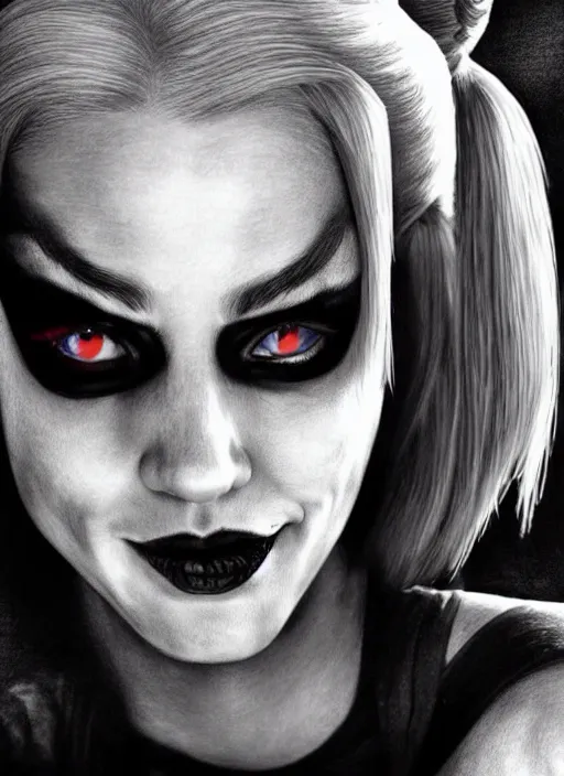 Image similar to a pencil drawing of harley quinn, hyper realistic, highly detailed