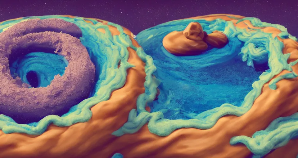Image similar to storybook imagery. landscape photography of a turbulent donut ocean that is made up of a sea of giant cream glazed sprinkle covered donuts. claymation. diorama. digital art. colorful. render. 4 k. 8 k. trending. wallpaper.
