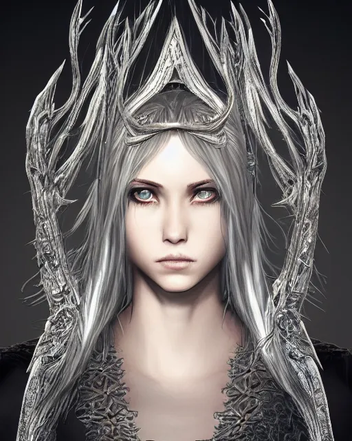 Prompt: highly detailed sharp portrait of a beautiful female hunter with shimmering hair, symmetrical face and eyes, dressed in intricate silver, cgsociety, Elden Ring, Dark Souls, Bloodborne