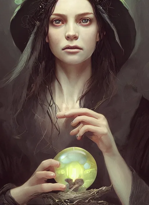 Image similar to portrait of a young witch with a crystal ball, true anatomy, detailed face, highly detailed, by greg rutkowski